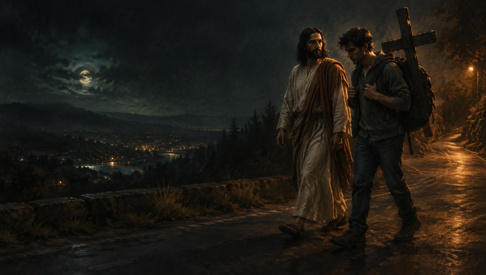 A painted scene of Jesus walking beside a student who carries a backpack with a wooden cross strapped to it.